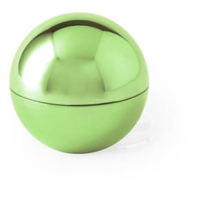 A green spherical lip balm container with a shiny metallic finish and a simple design. It has a logo on the surface.