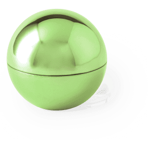 A green spherical container with a shiny metallic finish, likely for lip balm. It has a smooth surface and a lid.