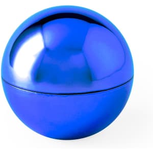 A shiny blue spherical container, resembling a ball, designed for lip balm. Features a smooth, reflective surface.