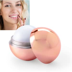 A rose gold lip balm container with a smooth white balm inside, featuring a reflective finish.