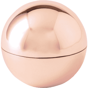 A shiny rose gold sphere container for lip balm, featuring a smooth, reflective surface and a secure lid.