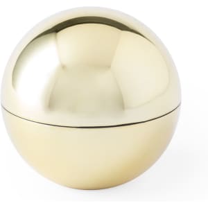 A gold spherical container with a smooth, reflective surface. It features a seam around its centre.