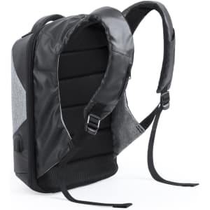 A black and grey anti-theft backpack features padded straps and a sleek design. It has an identifiable logo.