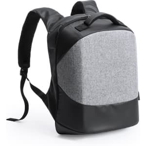 A grey and black anti-theft backpack with adjustable straps and a smooth texture. It features a logo on the front.