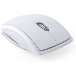 A white wireless mouse with a sleek design and a textured surface, featuring a scroll wheel and a logo.