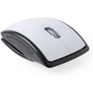 A sleek white and black computer mouse with a smooth surface and a subtle textured grip. Features a logo.