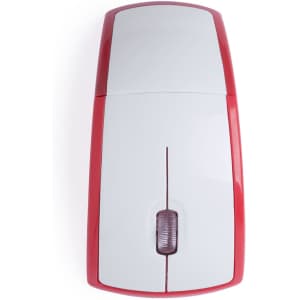 A red and white computer mouse featuring a scroll wheel and a sleek design. It has a logo on it.