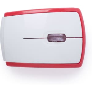 A red and white computer mouse with a scroll wheel, featuring a simple design and a branding logo.