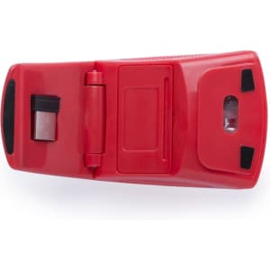 A red Lenbal Mouse with a sleek design, featuring compartments and a logo.