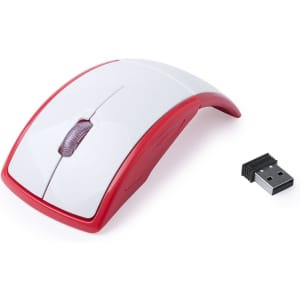 A red and white wireless mouse alongside a USB receiver. The mouse has a smooth, curved design.