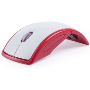 A red and grey computer mouse with a curved design and a central scroll wheel, featuring branding on its surface.