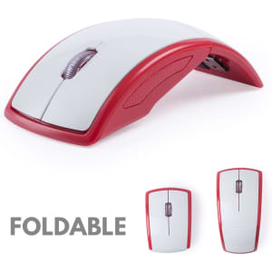 A foldable mouse in red and white design with a central scroll wheel and ergonomic shape. Features branding.