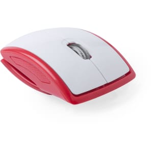 A red and white computer mouse with a smooth design and a scroll wheel, featuring a logo on its side.