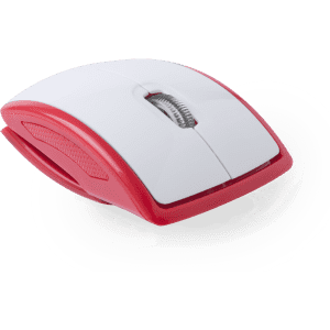 A red and white computer mouse with a smooth surface and a scroll wheel, featuring a logo on the side.