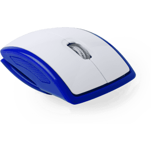 A blue and white computer mouse with a smooth design and scroll wheel, featuring a logo on its surface.