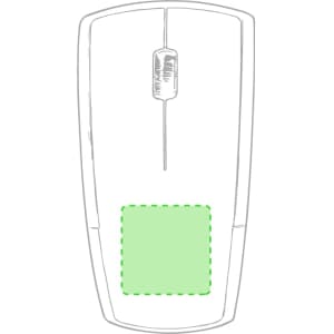 A computer mouse in white with a green section on the underside and a logo present.