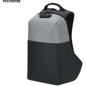 A grey and black anti-theft backpack with a sleek design and a locking mechanism on the front.