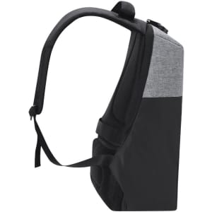 A grey and black anti-theft backpack with padded straps and a sleek design, featuring a logo.