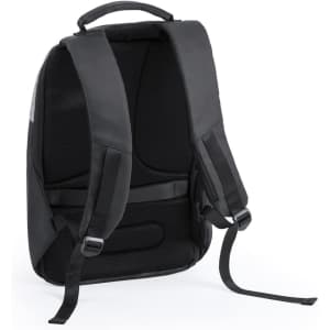 A black anti-theft backpack with padded back and adjustable straps, featuring a sleek design and logo.