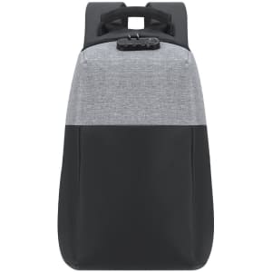 A grey and black anti-theft backpack with a sleek design and a branded logo on the front.