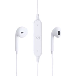 White earphones with a remote control in the middle of the cord, featuring a simple design and rounded earbuds.