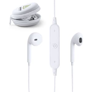 White Sopral Earphones with a built-in remote and microphone, accompanied by a grey carrying case.