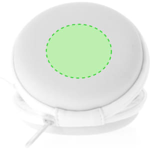 A pair of white Sopral earphones with a round, green accent on the case. The design is compact and stylish.