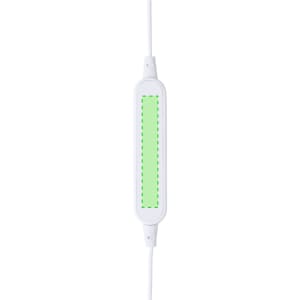 A pair of white earphones with a green accent on the control module. They feature a simple design with a cable.
