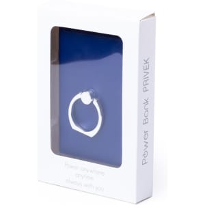 A blue Privek Power Bank in packaging, featuring a circular ring design and a logo on the front.