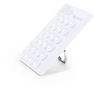 A white power bank with a textured surface and a stand on the back, featuring a logo.