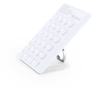 A white power bank with a textured surface and a built-in stand. It features a logo on its side.