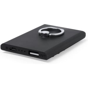 A black power bank with a silver ring on the side and ports for charging. It features a logo on the surface.