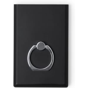 A black power bank with a silver ring holder, featuring a sleek design and a logo.
