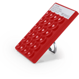 A red power bank with a textured surface and a stand at the back, featuring a logo.