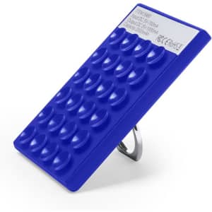 A blue power bank featuring a textured surface and a ring stand for easy handling. It includes a logo.
