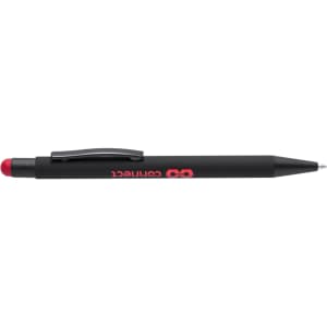 A black stylus touch ball pen with a red tip and a clip, featuring branding on the side.