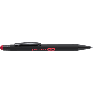 A black stylus touch ball pen with a red tip and a clip, featuring branding on the side.