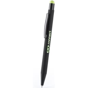 A black stylus touch ball pen with a green tip and a metal clip, featuring a logo.