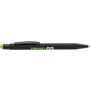 A black stylus touch ball pen with a green tip and clip, featuring a logo on its body.