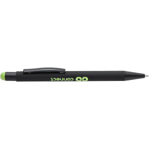 A black stylus touch ball pen with a green tip and clip, featuring a logo on its side.