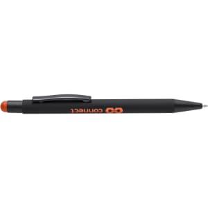 A black stylus touch ball pen with an orange tip and a clip, featuring a logo.