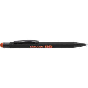 A black ballpoint pen with an orange stylus tip and a clip, featuring a branding logo.