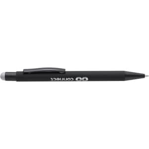 A black stylus touch ball pen featuring a clip and a logo. Ideal for writing and touchscreen use.