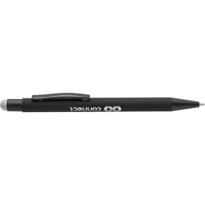 A black stylus touch ball pen with a silver stylus tip and a clip for attachment, featuring a logo.