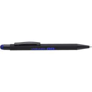 A black stylus touch ball pen featuring a blue tip and a logo.
