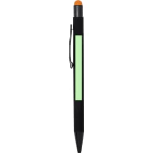 A black stylus touch ball pen with an orange tip and a translucent green section for branding.