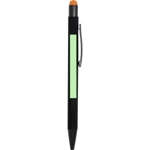 A black stylus touch ball pen featuring an orange tip and a green accent area, equipped with a clip for convenience.