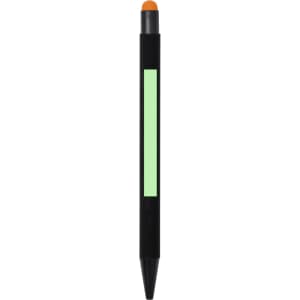 A black stylus touch ball pen with a green section and an orange tip. It features a logo on the body.
