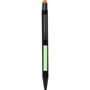 A black stylus touch ball pen with a green accent and an orange tip, featuring a clip and branding.