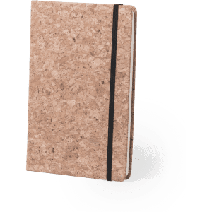 A cork-covered notepad with a solid black elastic band. The design is simple and natural in appearance.